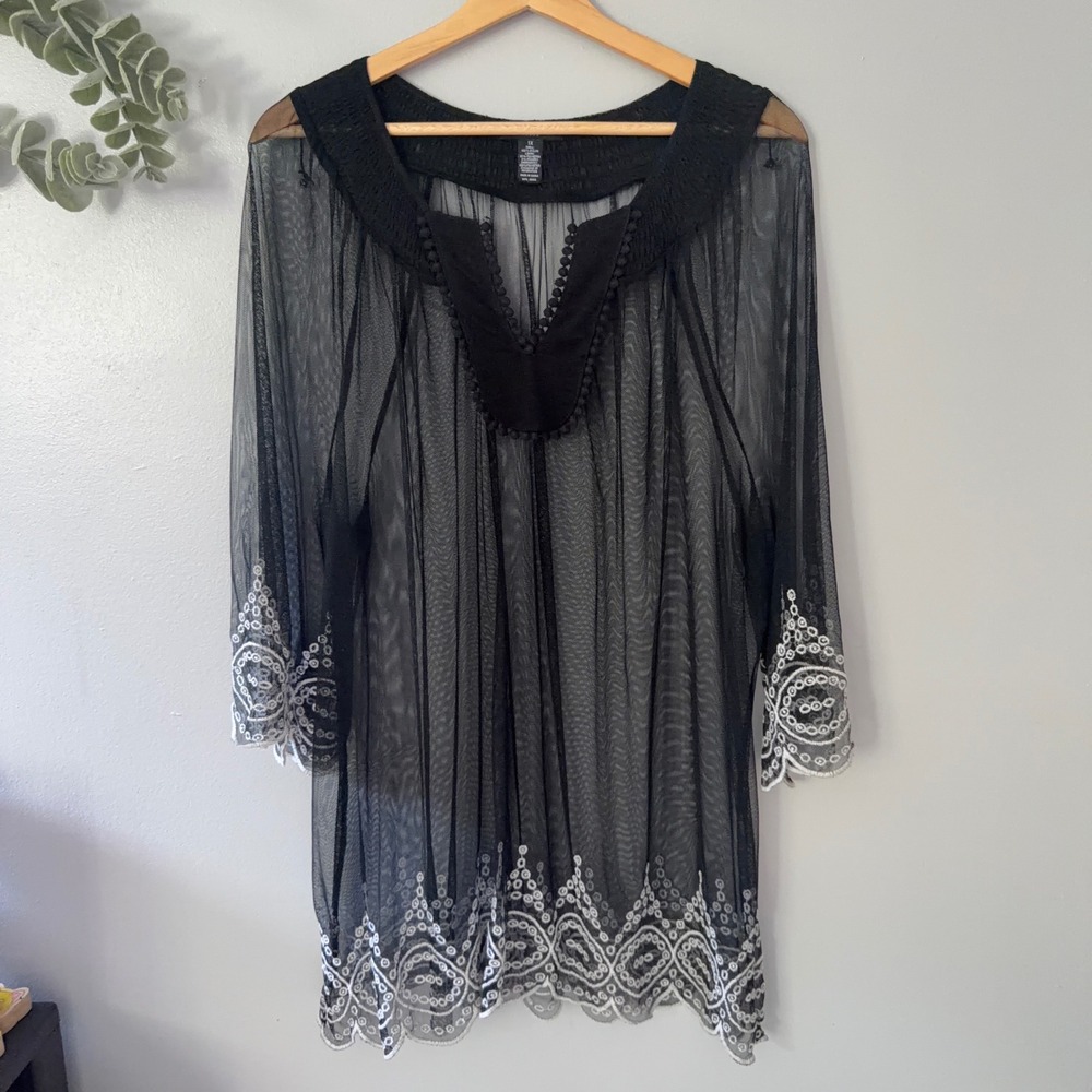 Alfani Black Mesh Embroidered Tunic Swim Cover Up V-Neck Size 1X Fairy Goth
